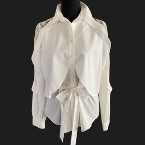 NWT Crisp White Belle Sky Cotton Blouse with Lace Inserts